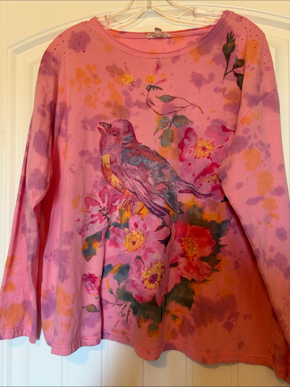 NWOT Blue Velvet Pink Floral Bird Print Long Sleeve Distressed Top Size Small